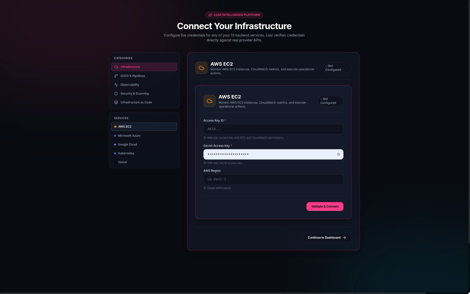 Lear's Connect Your Infrastructure screen: configuring live credentials for one of thirteen backend services, grouped by infrastructure, CI/CD, observability, security, and infrastructure-as-code.